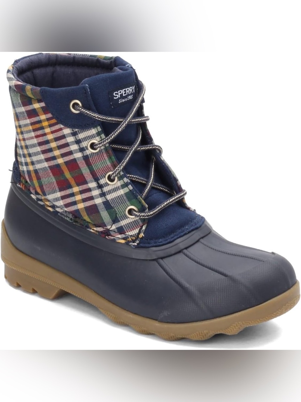 Sperry Port Boot Duck Boot Navy Blue Plaid size 1 Waterproof Lace Up